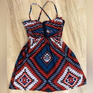 🔥🔥Billabong Red Black Blue Boho Crisscross Back Lined Beach Mini Dress